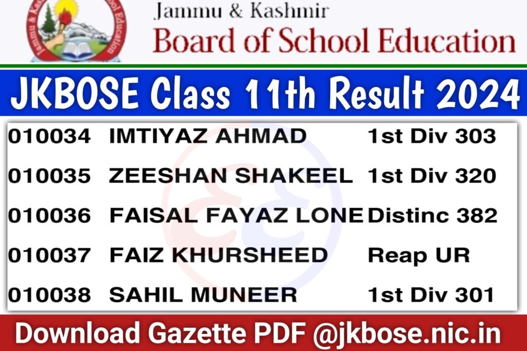 JKBOSE 11th Class Result 2024 Download Gazette PDF