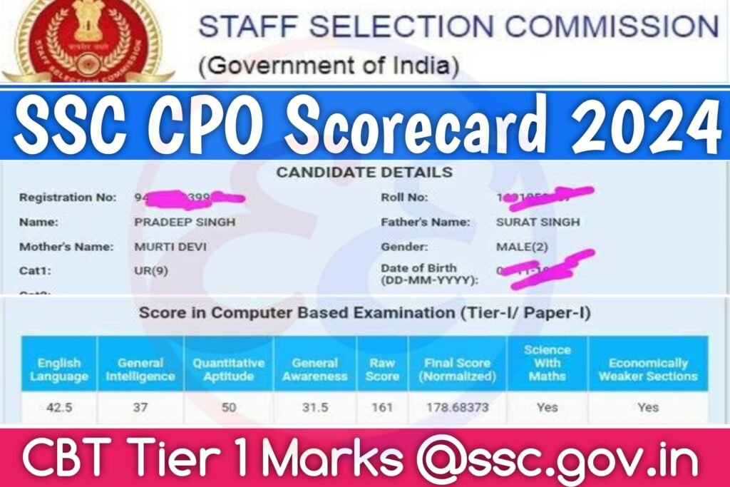 SSC CPO Scorecard 2024 CBT Tier 1 Marks